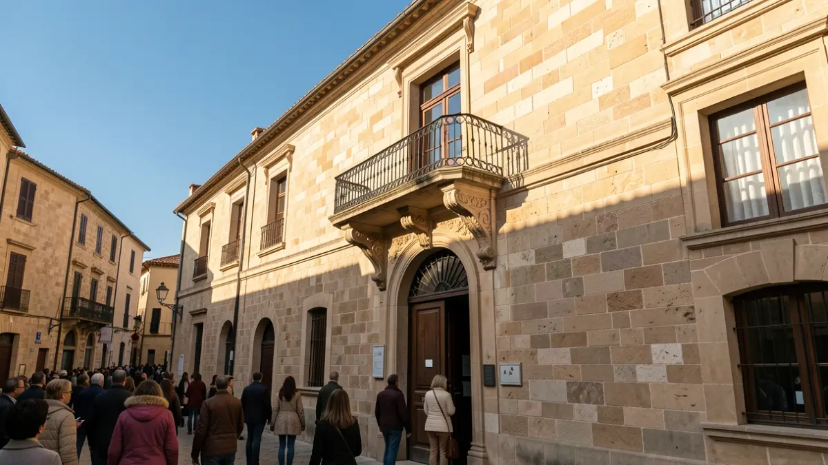 Fachada de un ayuntamiento mediterráneo con balcón y barandillas de hierro, iluminado por el sol de la tarde.