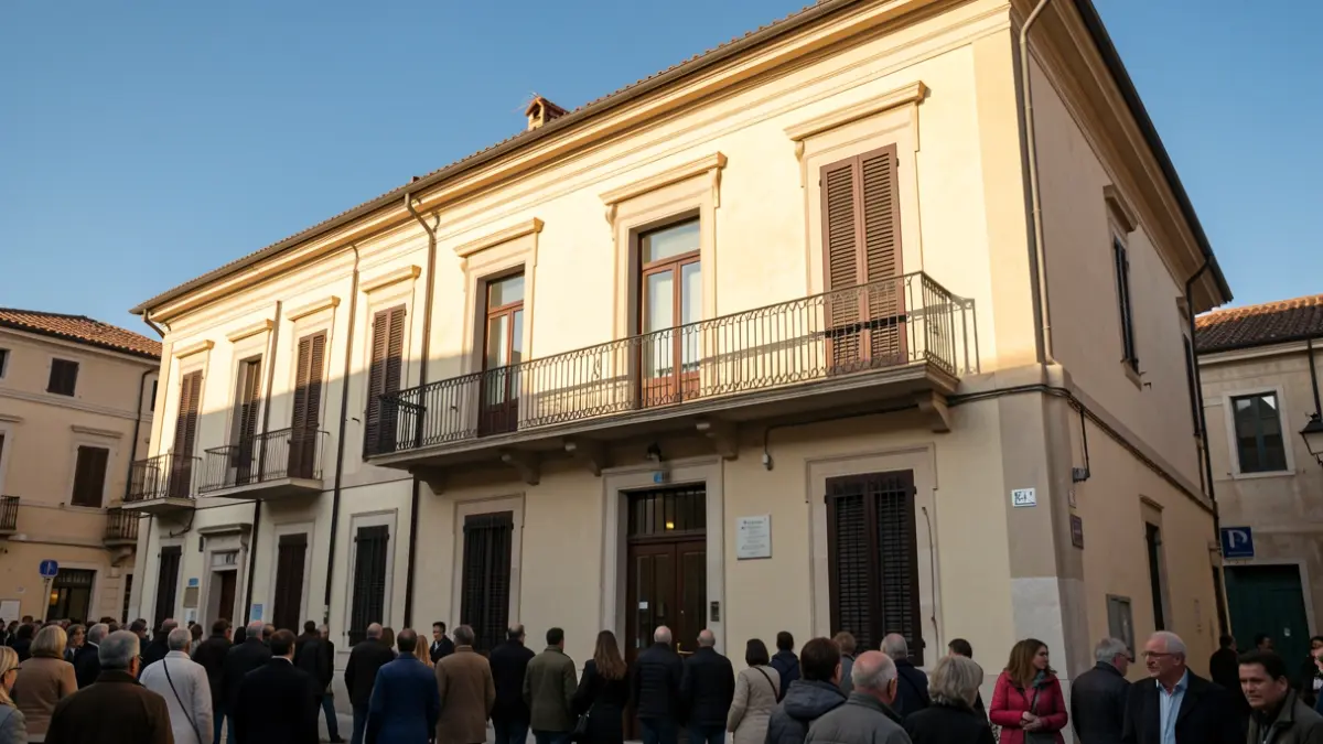 Imatge genèrica d'un edifici municipal d'estil mediterrani amb balcó i baranes de ferro, il·luminat per la llum càlida de la vesprada sota un cel blau.