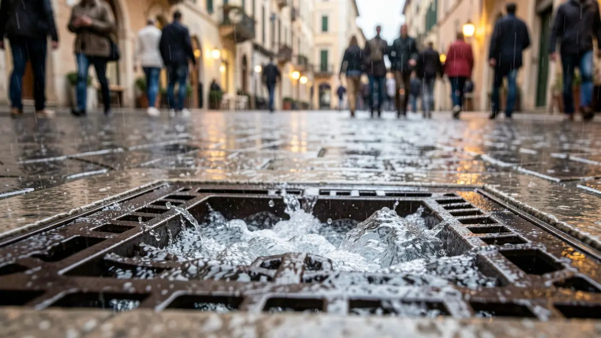 Generic image of a storm drain during torrential rain.