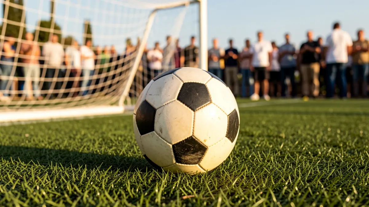 Generic image of artificial turf on a football field with a ball, in the afternoon light.
