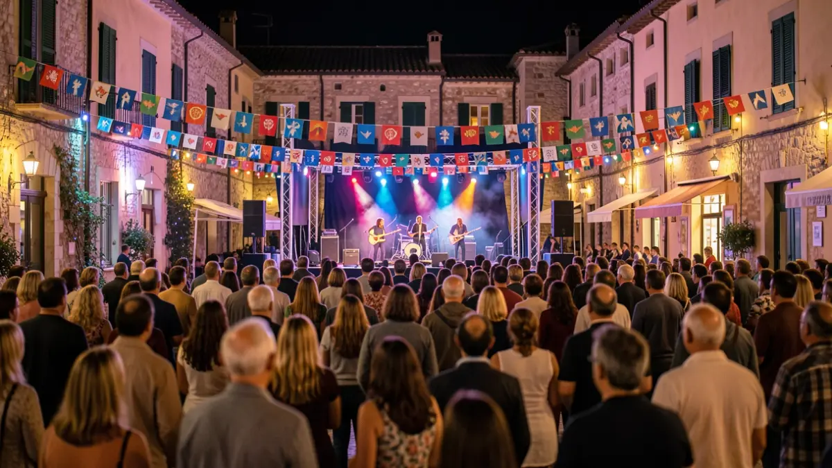 Imatge genèrica d'un escenari festiu a l'aire lliure amb públic gaudint d'una actuació.