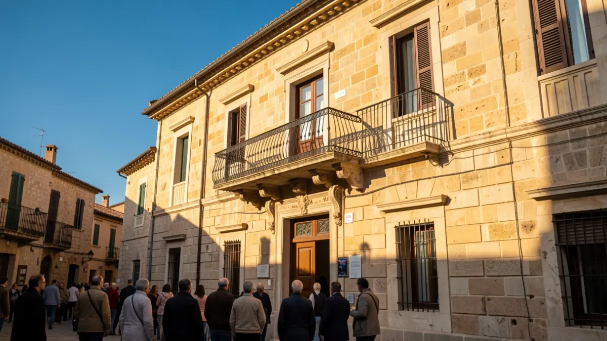 Generic image of a municipal building with a balcony and blue sky.