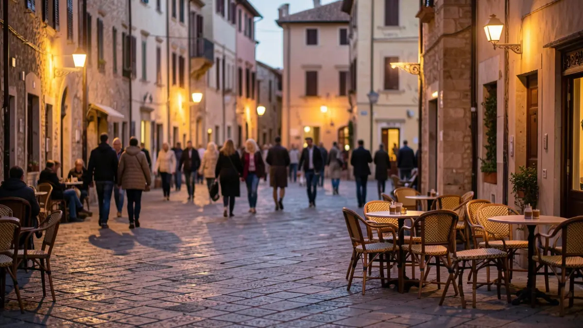 Generic image of an urban space with street furniture and night lighting.
