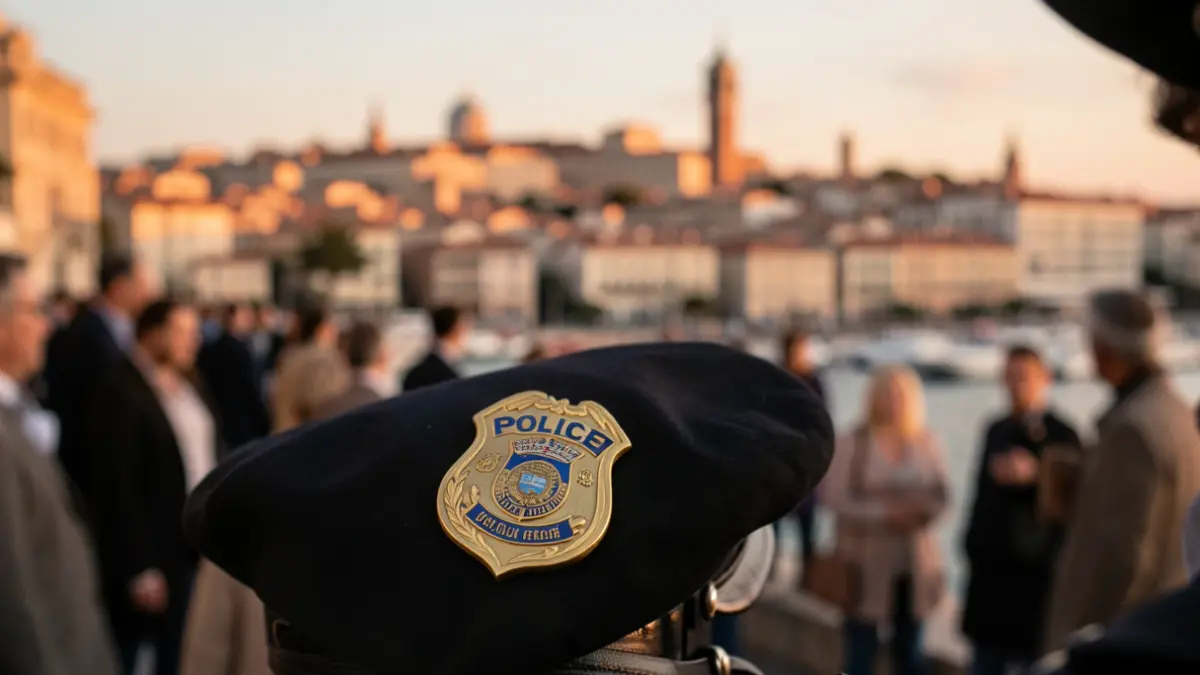 Imatge genèrica d'una placa policial amb un perfil urbà mediterrani al fons.