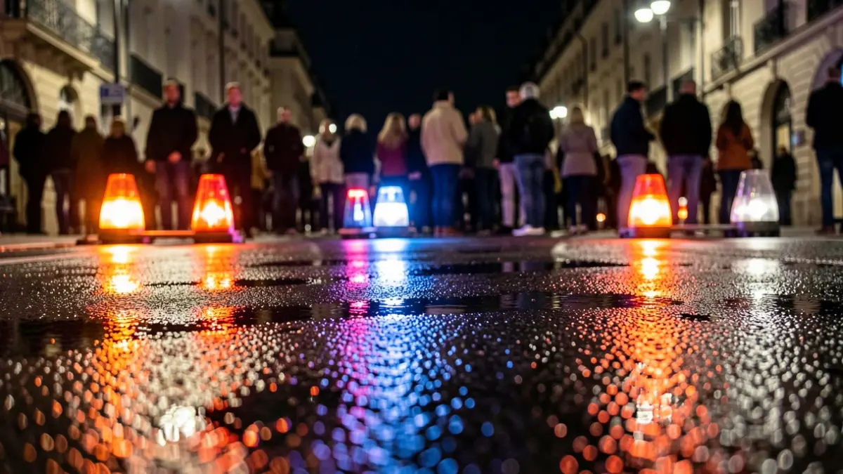 Imatge genèrica de llums d'emergència reflectint-se en asfalt mullat a la nit, amb poca profunditat de camp i sense vehicles ni persones visibles.