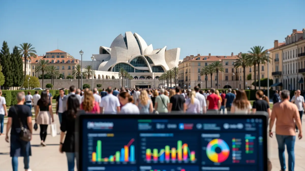 Generic image of the City of Arts and Sciences in Valencia with a climate data screen.