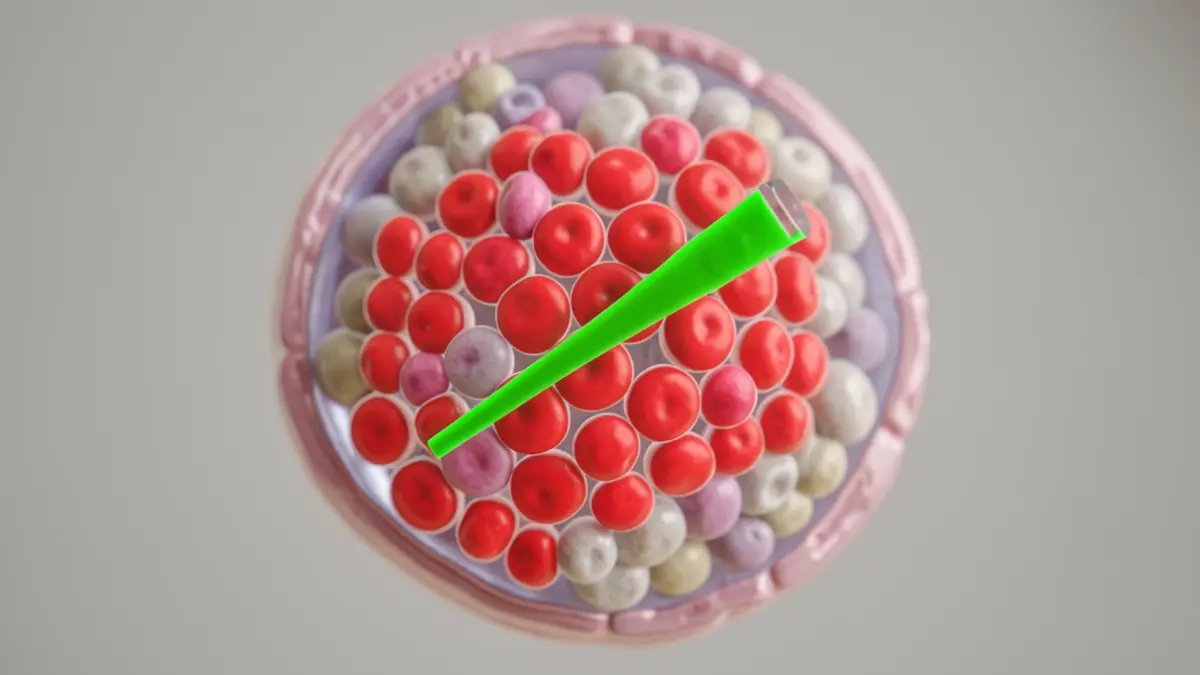 Imagen genérica de un islote pancreático con células alfa marcadas en rojo y estrés metabólico en verde.