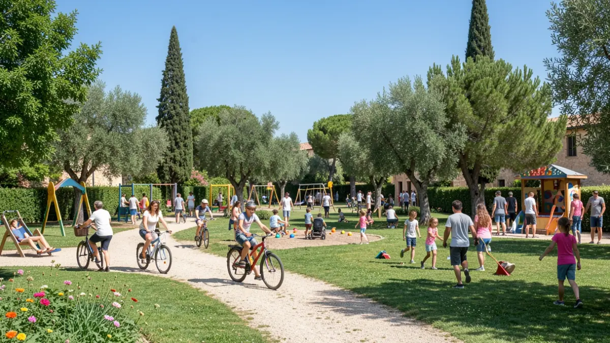 Imatge genèrica d'un parc urbà mediterrani amb famílies gaudint d'activitats a l'aire lliure.