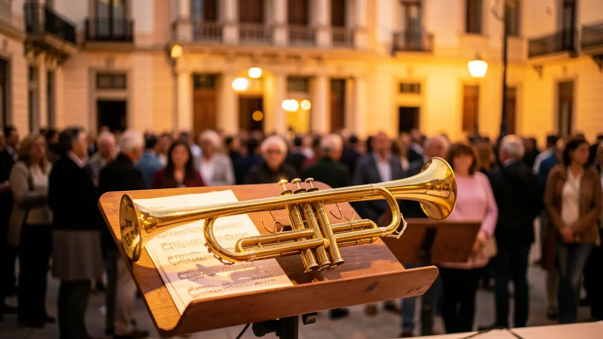 Instrumento musical de metal sobre un atril con partituras, con el Teatro Castelar de fondo.