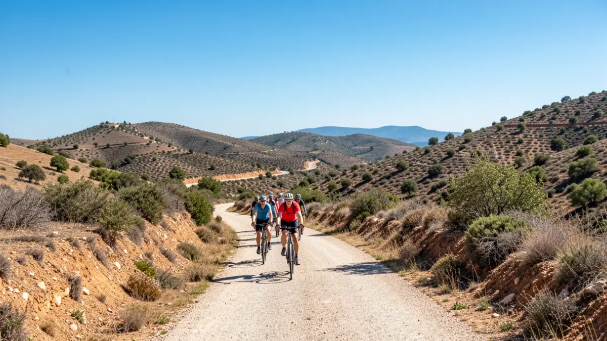 Imagen genérica de una ruta ciclista por el paisaje mediterráneo de la Comunitat Valenciana con ciclistas a lo lejos.