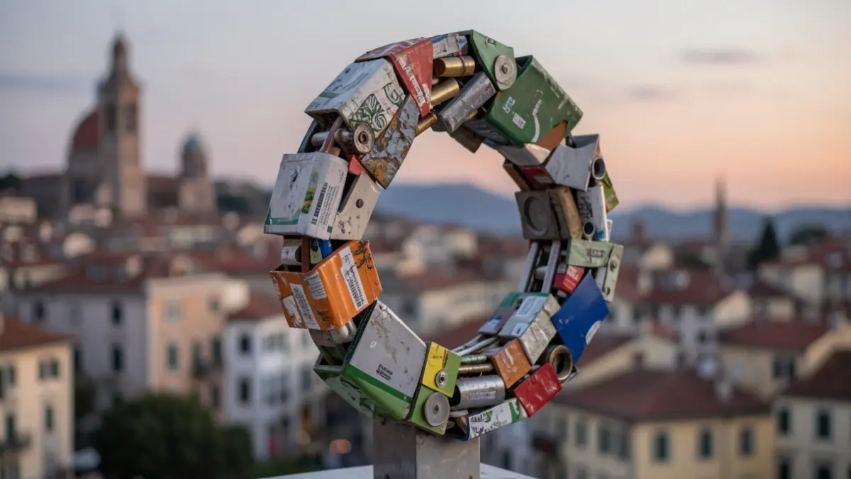 Imatge genèrica d'una escultura abstracta feta amb materials reciclats, amb un fons urbà mediterrani al capvespre.