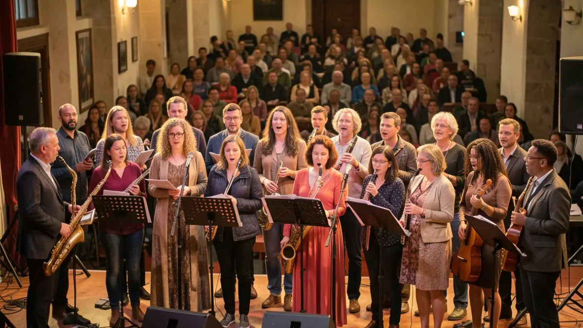 Imagen genérica de un coro multicultural actuando en un centro social, con público al fondo.