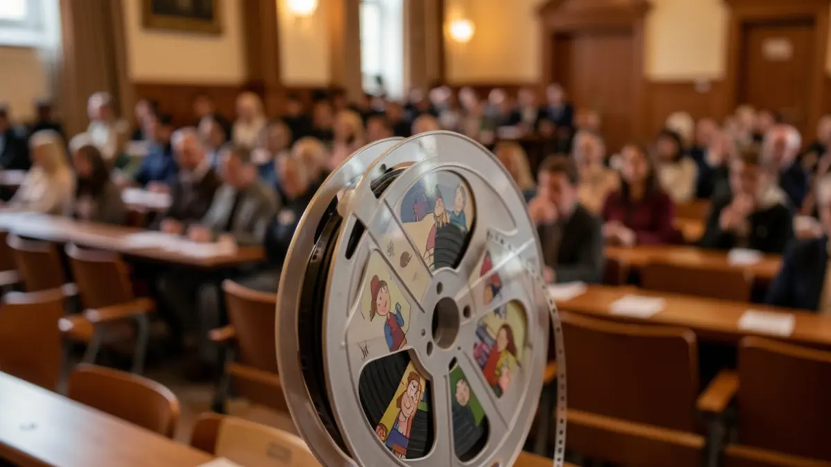 Generic image of a film reel with animated drawings and a university classroom.