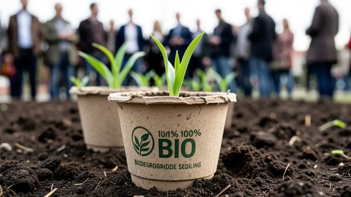 Generic image of a compostable seedling pot on soil, with green sprouts in the background.