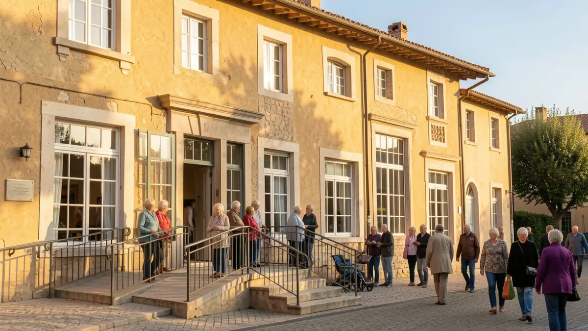 Imatge genèrica d'un edifici públic adaptat per a persones majors, amb elements d'arquitectura mediterrània.