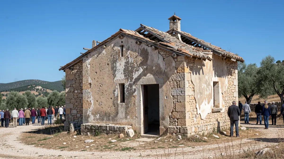 Imatge genèrica d'una ermita històrica amb desperfectes estructurals.
