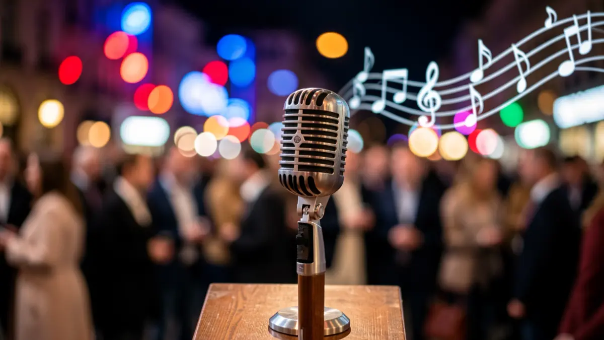 Generic image of an old microphone with blurred colorful lights.