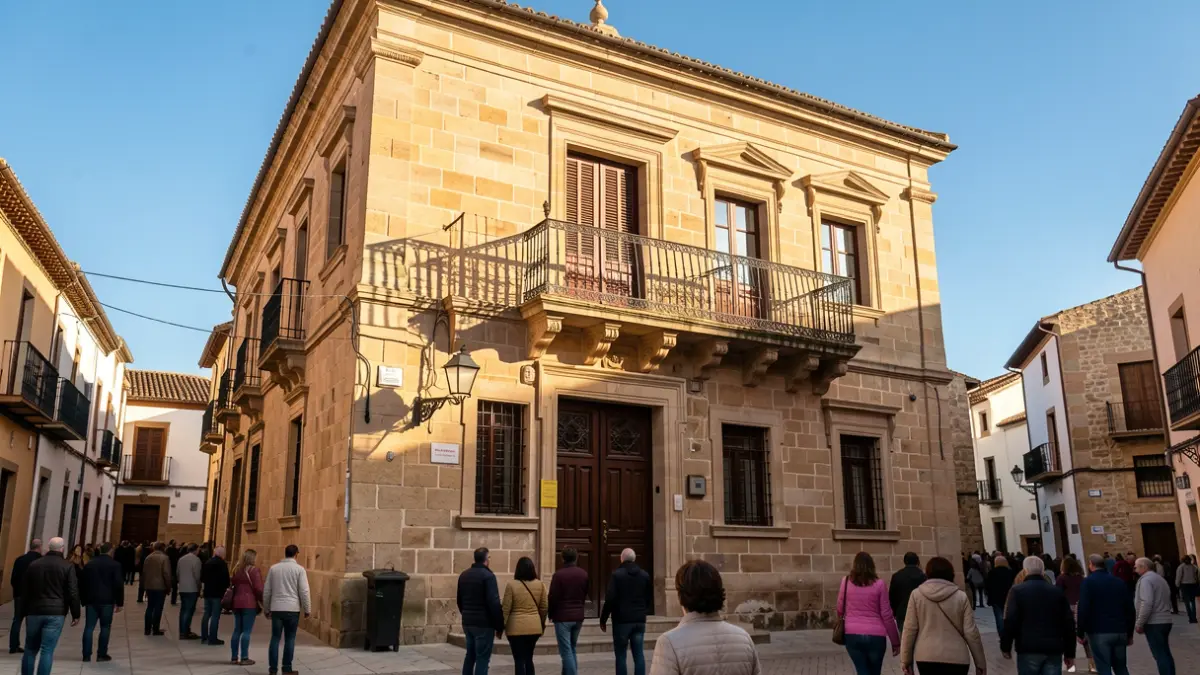 Generic image of the facade of a Valencian town hall with a balcony and iron railings.