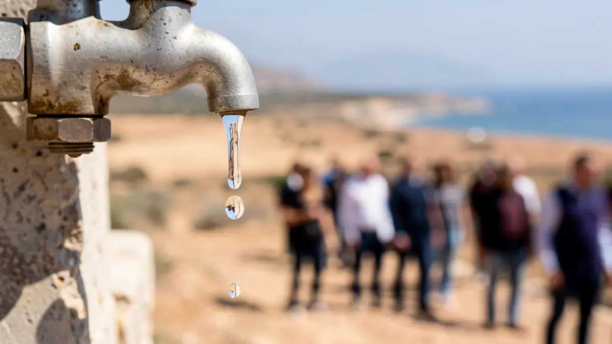 Imagen genérica de una gota de agua cayendo de un grifo con un paisaje mediterráneo seco al fondo.