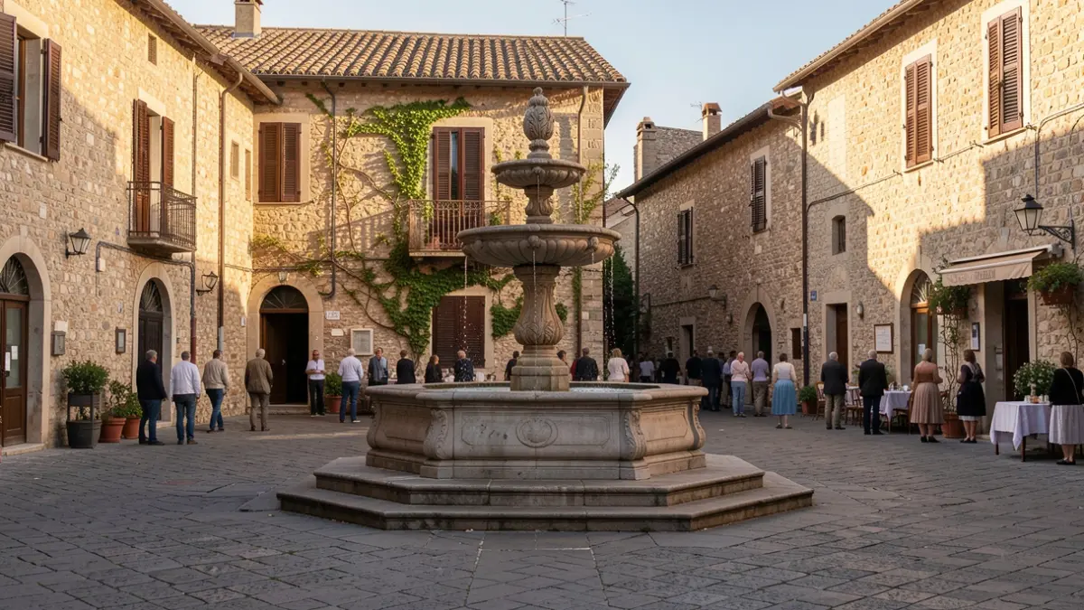 Generic image of a public square with a fountain and traditional buildings under the afternoon sunlight.