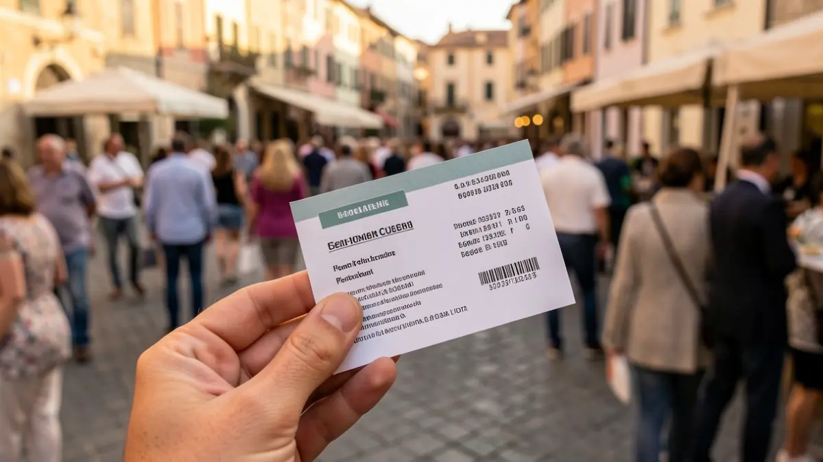 Generic image of a hand holding a voucher with a blurred Mediterranean urban background.