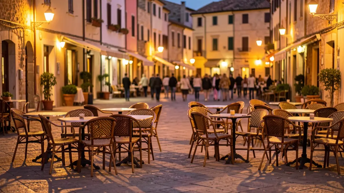 Imatge genèrica d'una plaça mediterrània il·luminada per fanals nocturns.