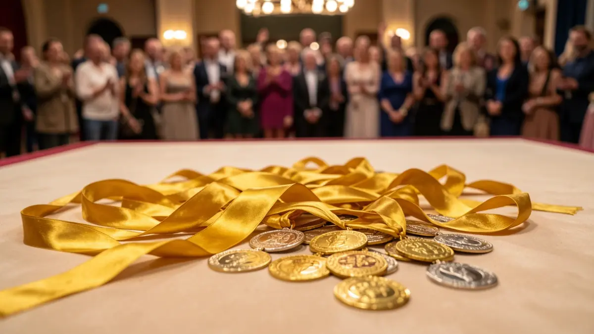 Imatge genèrica de cintes daurades i medalles sobre un tapís de gimnàstica.