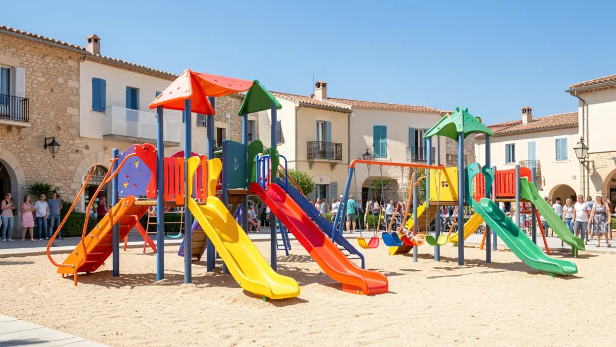 Imatge genèrica d'un parc infantil modern i colorit amb arquitectura mediterrània.