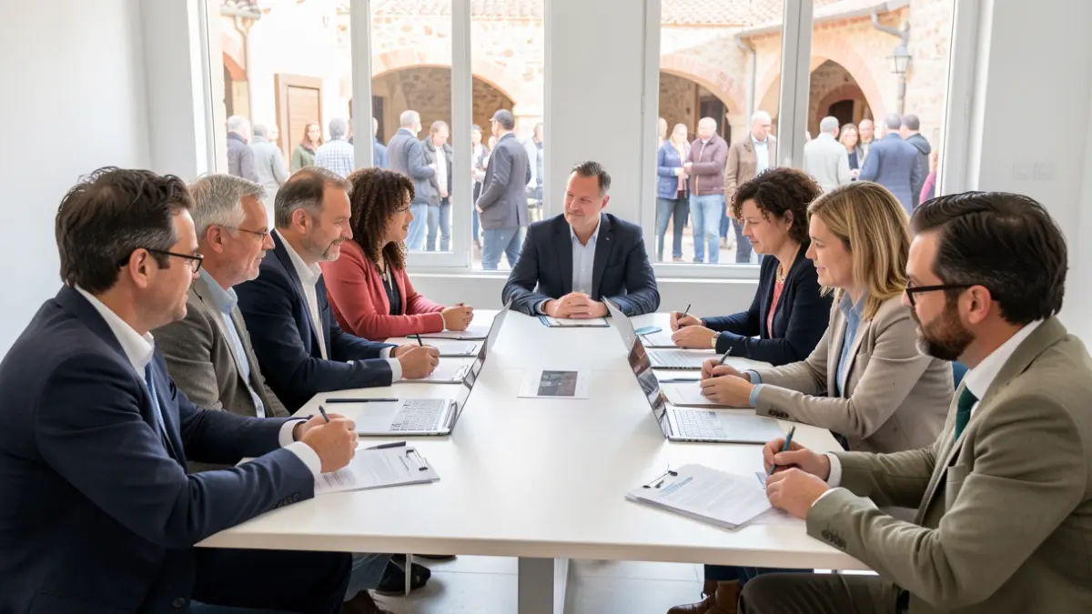 Imagen genérica de personas reunidas discutiendo documentos en una sala de reuniones moderna con elementos arquitectónicos mediterráneos.