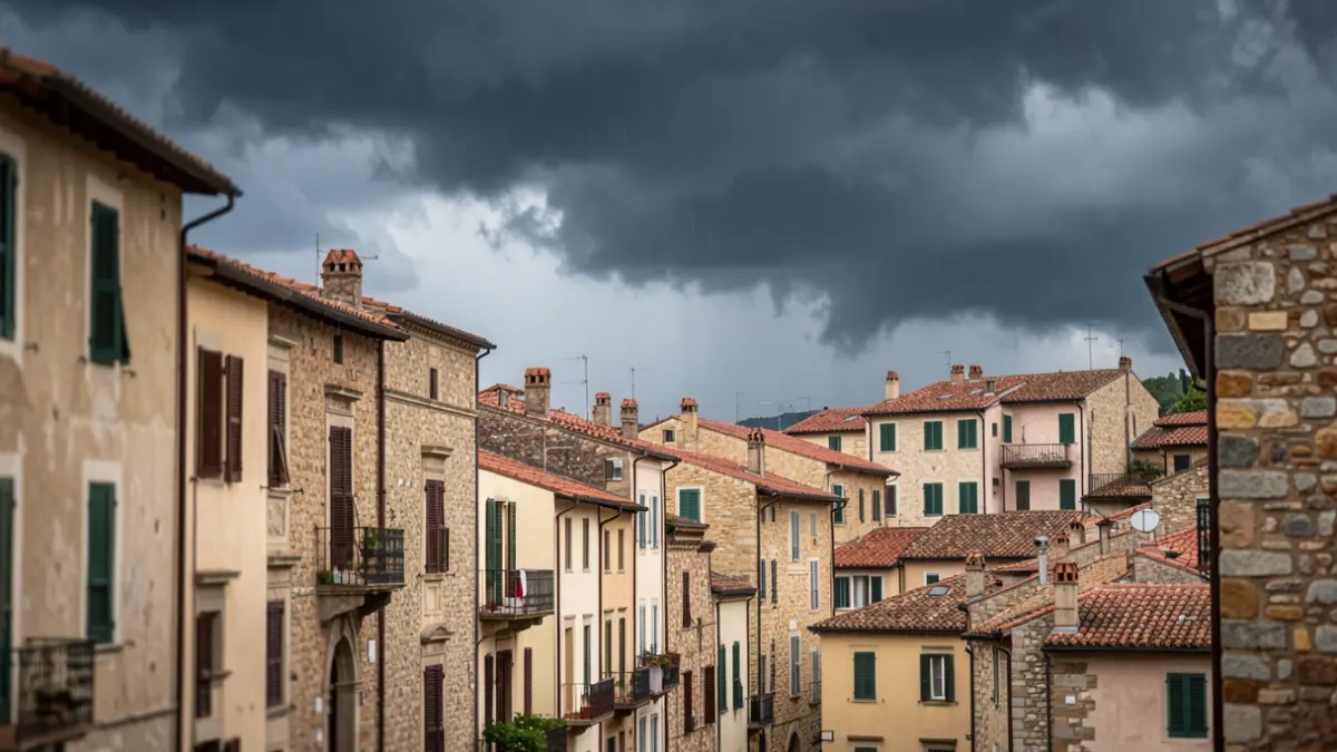 Imatge genèrica d'un cel tempestuós sobre una ciutat mediterrània, amb núvols foscos i un indici de pluja.
