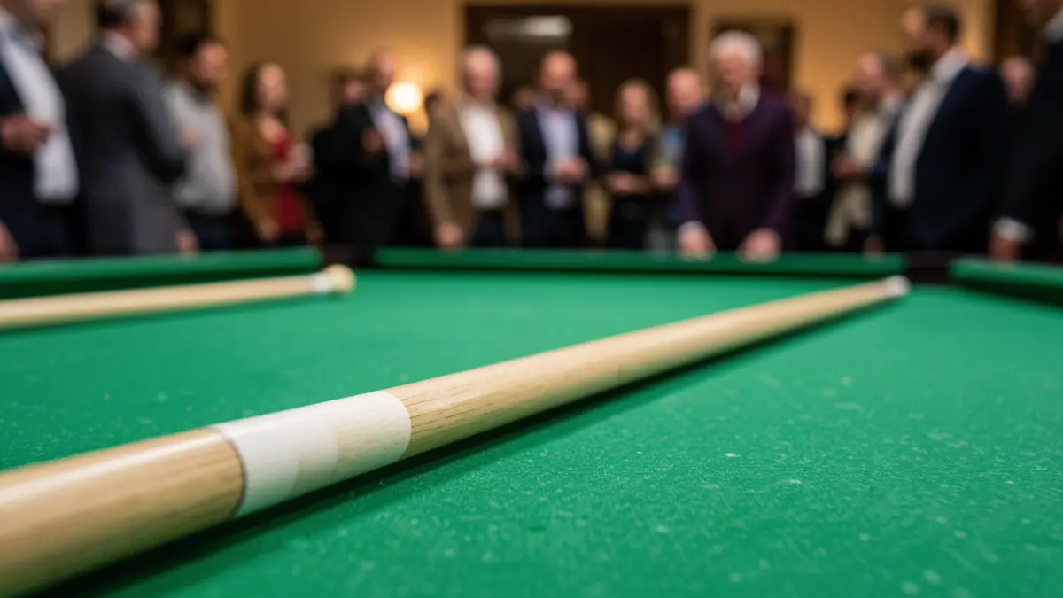 Generic image of a billiard cue on a green billiard table.