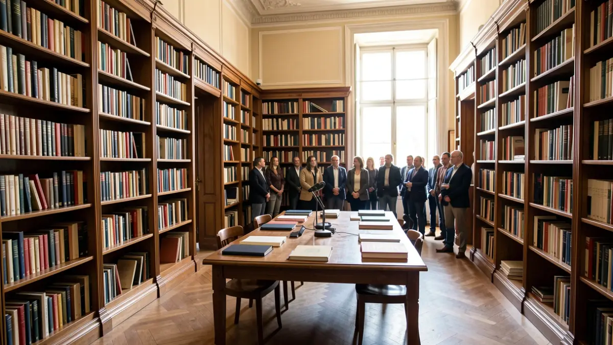 Generic image of an event room with bookshelves full of books and a presentation table.