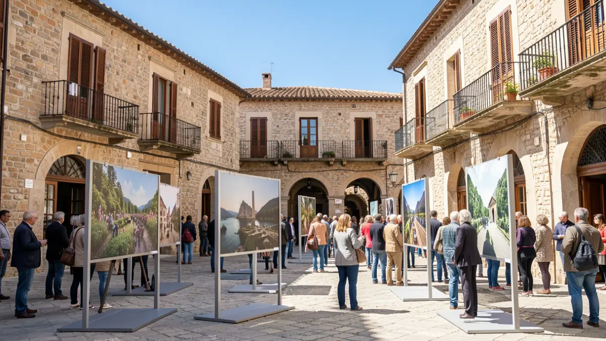 Generic image of an outdoor photography exhibition in a Mediterranean square with traditional architecture.