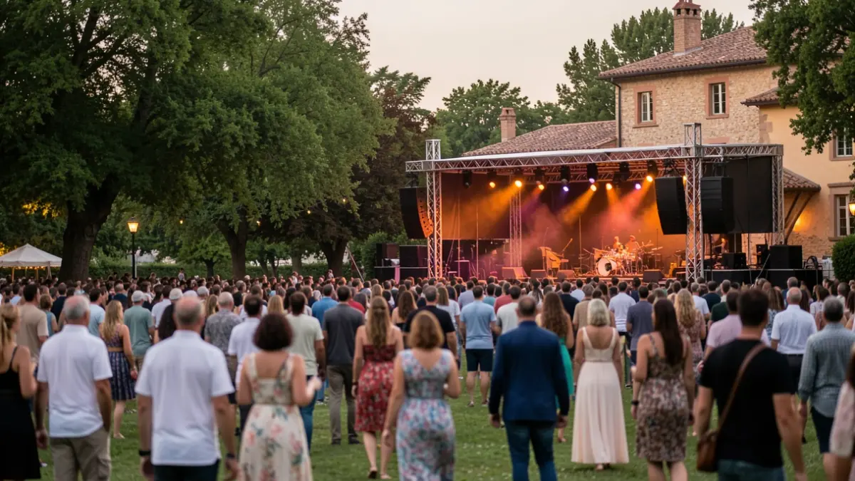 Generic image of an outdoor music festival in a park, with a blurred crowd and warm lights.