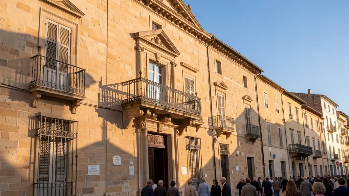 Imagen genérica de un edificio municipal con balcón y barandillas de hierro, iluminado por la luz cálida de la tarde.
