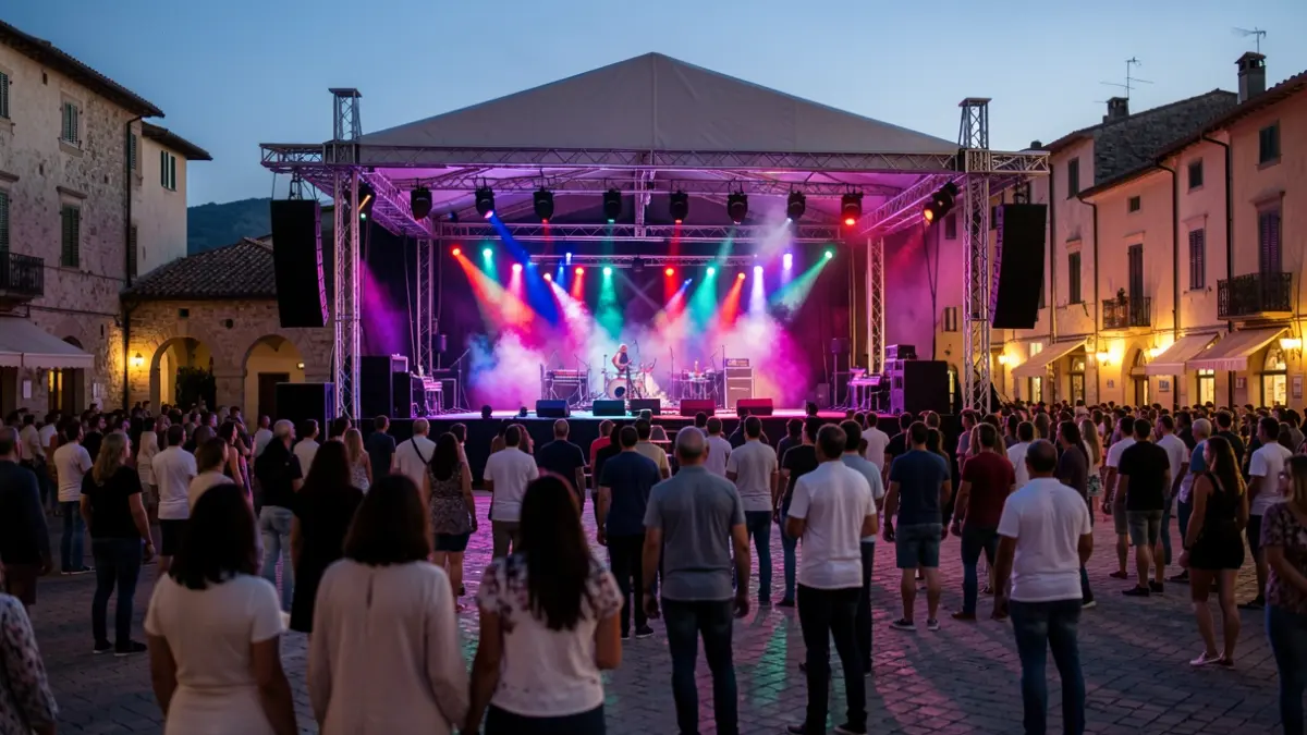 Imatge genèrica d'un escenari de festival musical a l'aire lliure al capvespre en una plaça mediterrània.