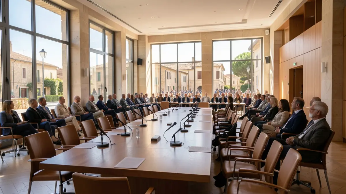 Imagen genérica de un salón de plenos municipal con micrófonos y sillas vacías.