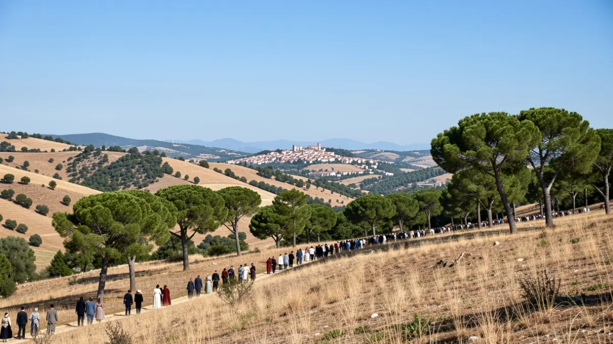 Generic image of a Mediterranean landscape with hills and pine trees, and a town in the distance under a blue sky.