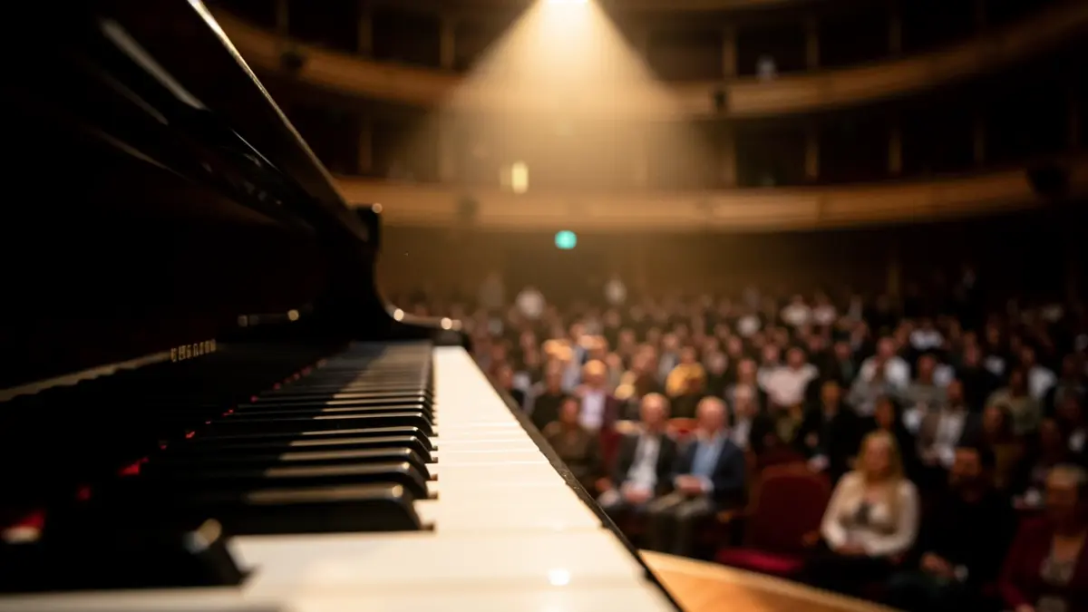 Imatge genèrica de les tecles d'un piano de cua en primer pla, amb un escenari de sala de concerts difuminat al fons i un focus càlid il·luminant les tecles.