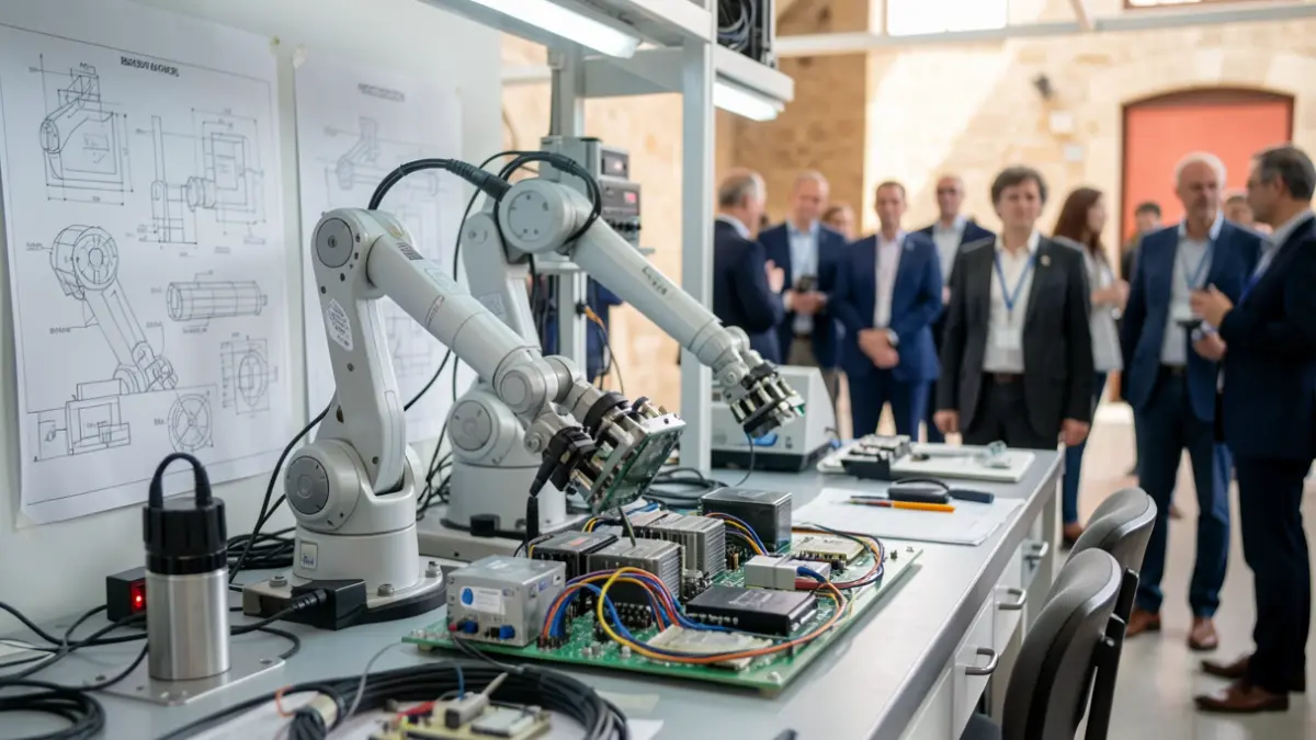 Generic image of a technology laboratory with robotic arms and electronic components.