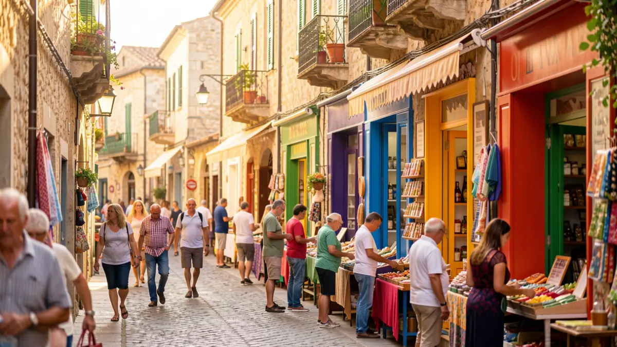 Imatge genèrica d'un carrer comercial mediterrani amb façanes de botigues i vianants.