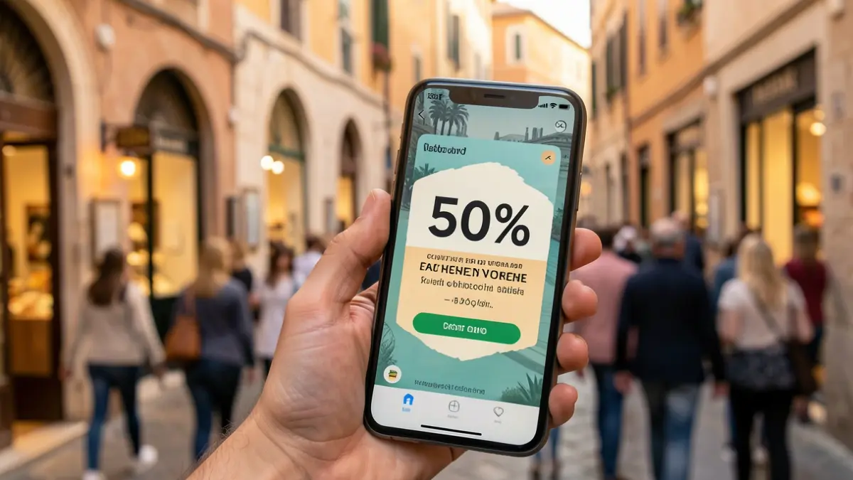 Generic image of a mobile phone displaying a discount voucher with a background of local shops.