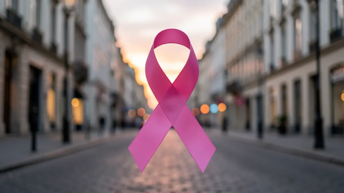 Imatge genèrica d'un llaç rosa sobre un fons urbà difuminat.