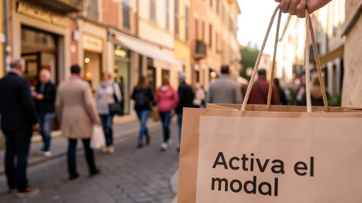 Imatge genèrica d'una bossa de compra amb un lema promocional, sobre un fons urbà mediterrani.