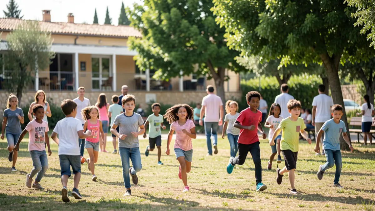 Imatge genèrica de xiquets i adolescents participant en activitats lúdiques i esportives en un parc.
