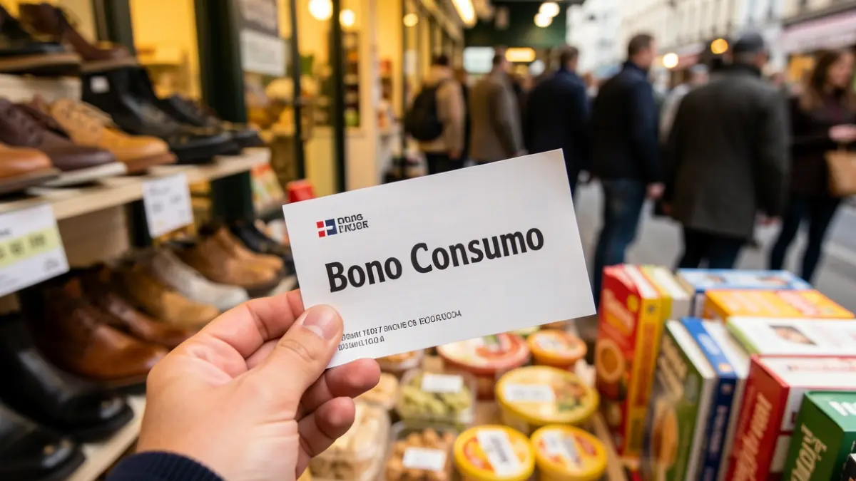 Generic image of consumer vouchers with local products in the background.