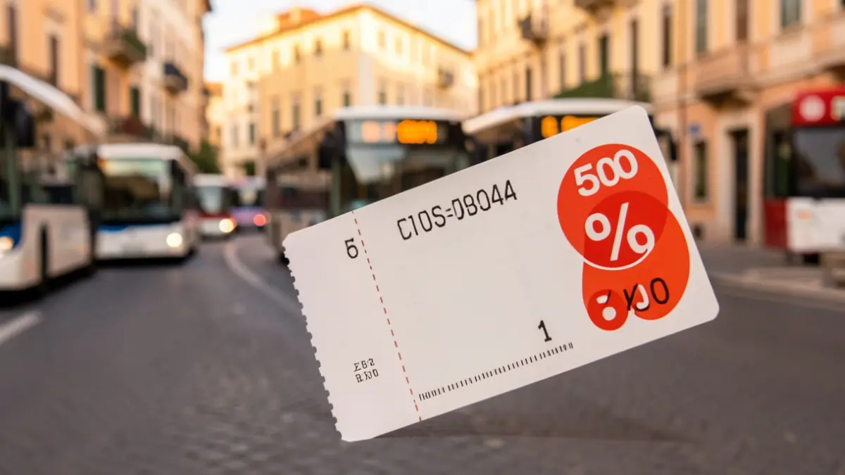 Imatge genèrica d'un bitllet de transport amb un descompte del 50% i un fons urbà mediterrani.