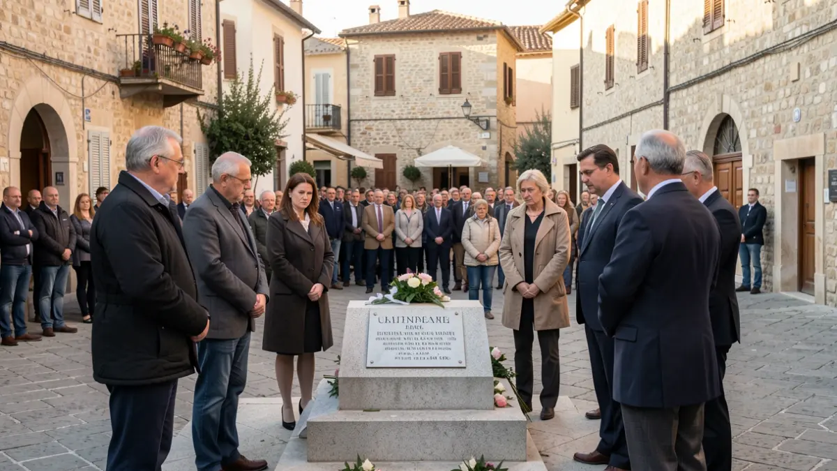 Imagen genérica de una ceremonia al aire libre en una plaza mediterránea, con un pequeño grupo de personas reunidas alrededor de una placa conmemorativa, luz suave de la tarde, estilo documental.