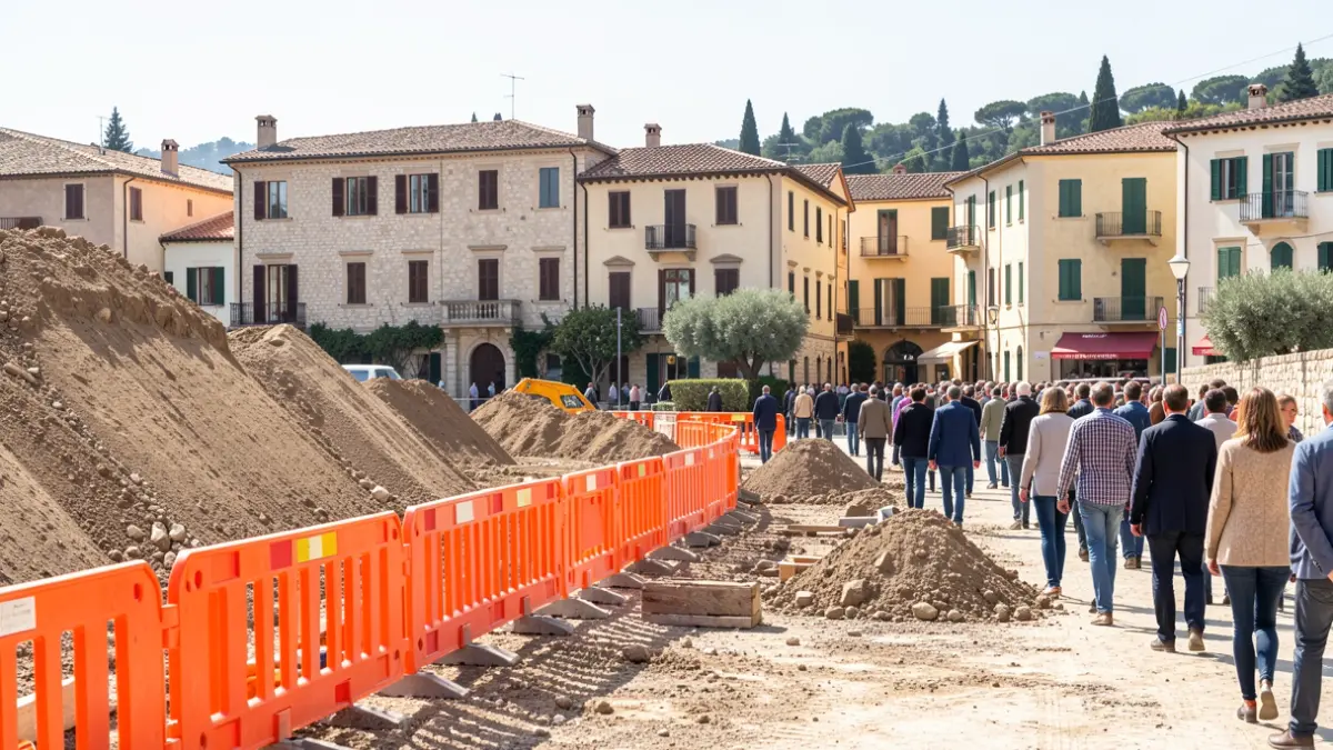 Imatge genèrica d'un obrador amb barreres taronges i terra remoguda, amb arquitectura mediterrània al fons.