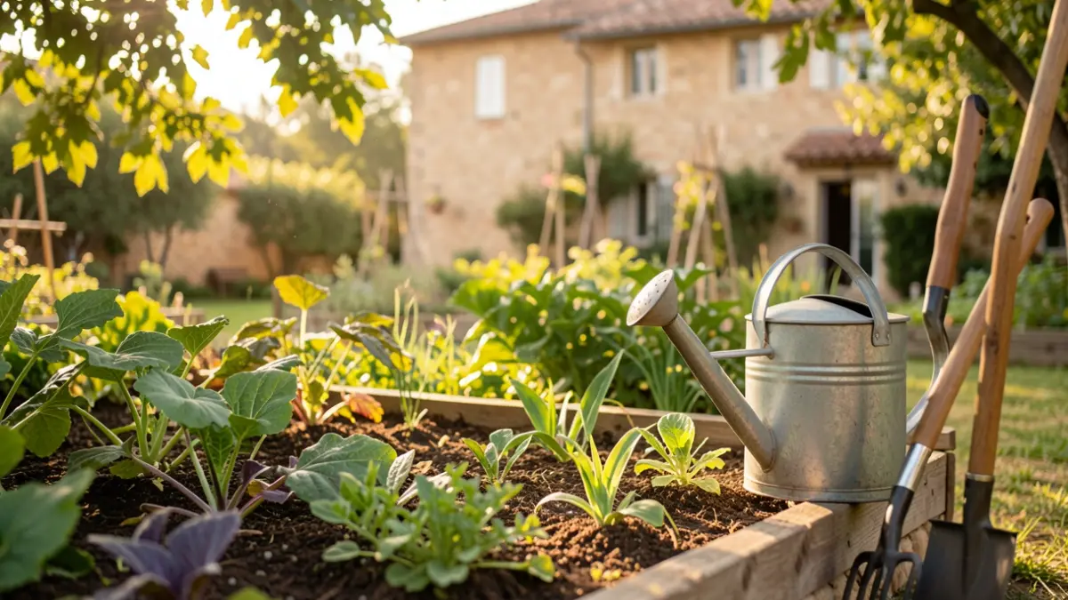 Imatge genèrica d'un hort municipal amb eines de jardineria i vegetació, sota una llum solar càlida.